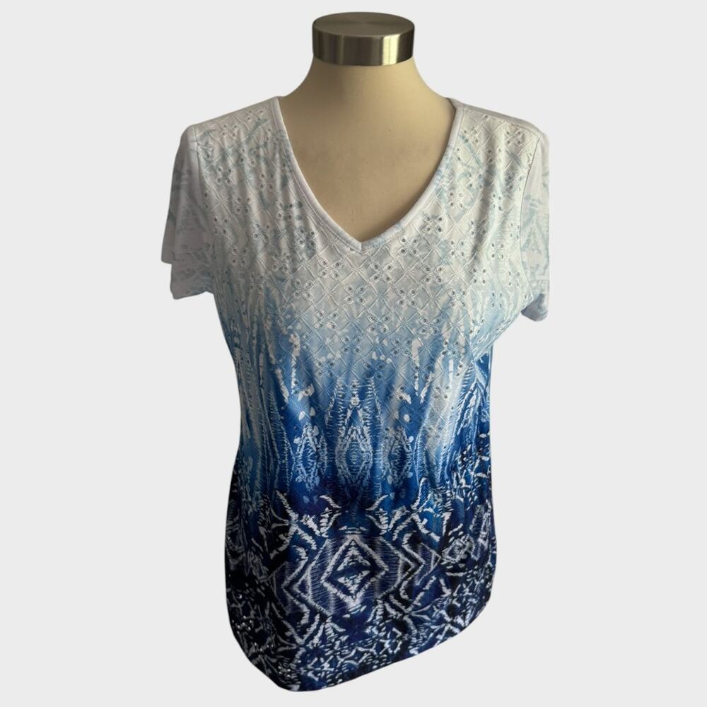 Christopher & Banks M Short Sleeve V Neck TShirt Blue White Print Eyelet